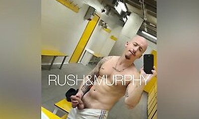 He Masturbates His Huge Cock In The Gym Showers While Muscular Straight Man Spies On Him